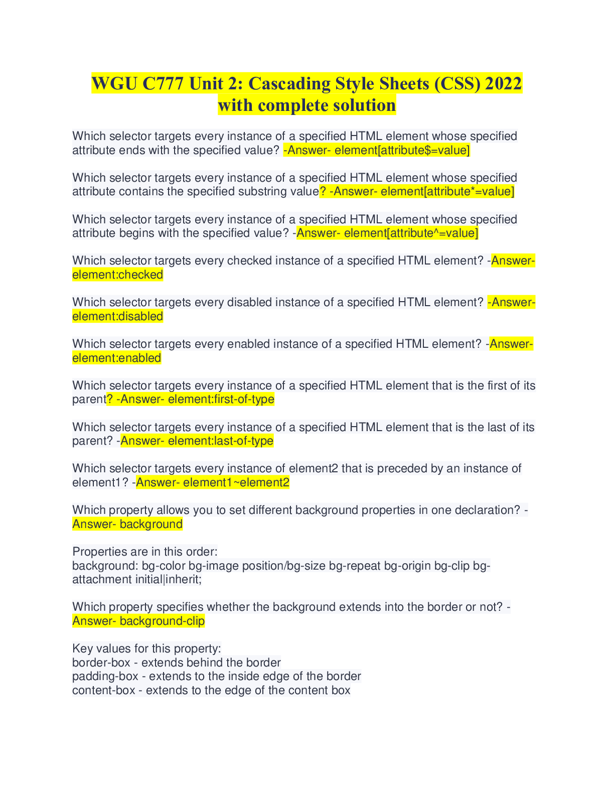 Preview image for WGU C777 Unit 2: Cascading Style Sheets (CSS) 2022 with complete solution
